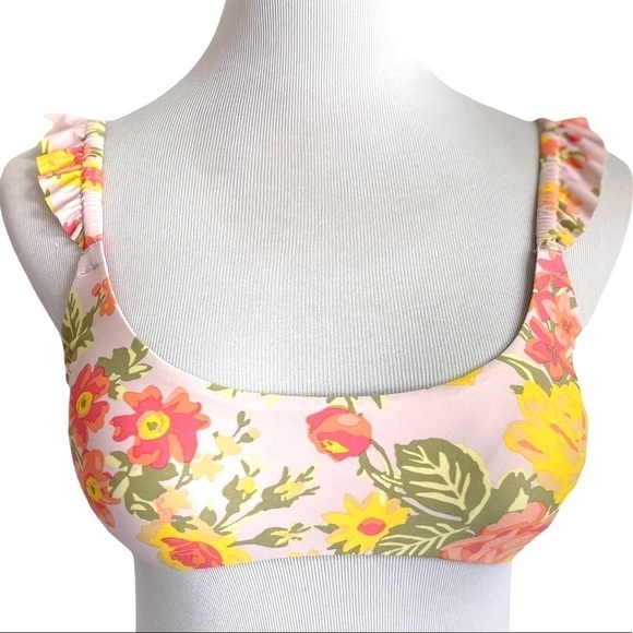 AERIE Scoop Neck Floral Ruffle Shoulder Bikini Top New With Tags - Picture 2 of 9